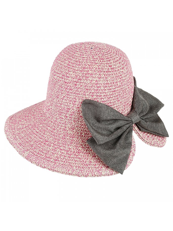 ICSTH Womens Floppy Summer Sun Beach Straw Hat With Big Bow Back UPF50 Foldable Wide Brim Hat - Pink - C9185I9E7OI