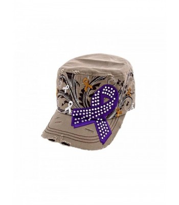 Crazy4Bling Khaki Military Style Cap With Purple Awareness Ribbon Studded With Rhinestones- One Size - CJ1274KES0N