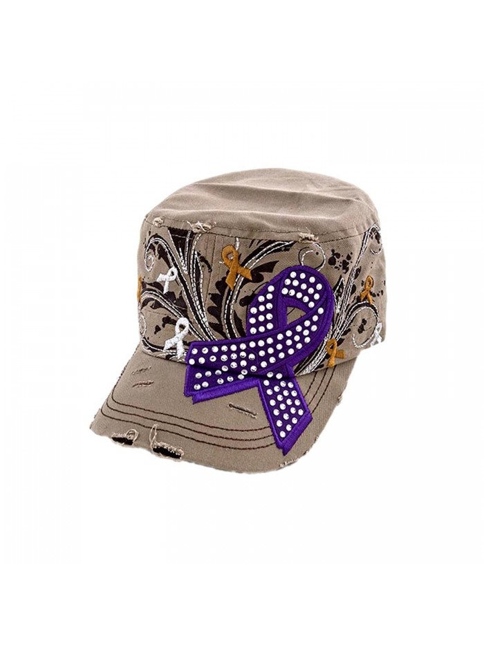 Crazy4Bling Khaki Military Style Cap With Purple Awareness Ribbon Studded With Rhinestones- One Size - CJ1274KES0N