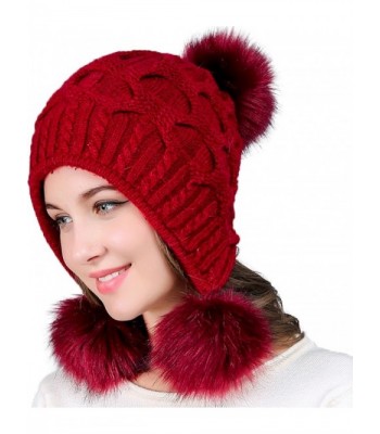 YI HENG MEI Women's Thick Cable Knit Three Faux Fuzzy Fur Poms Skull Cap Cuff Beanie Hats - Burgundy - CJ188HD4DNU