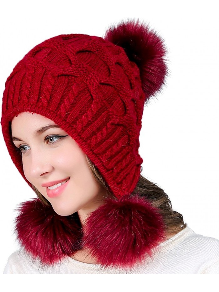 YI HENG MEI Women's Thick Cable Knit Three Faux Fuzzy Fur Poms Skull Cap Cuff Beanie Hats - Burgundy - CJ188HD4DNU