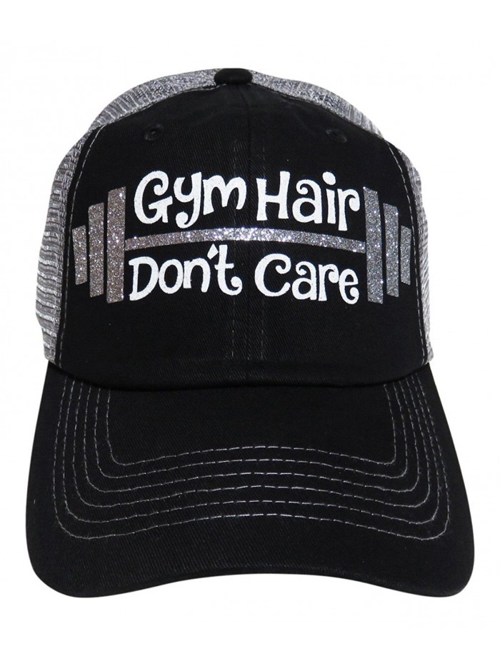 Glitter "Gym Hair Don't Care" Black/Grey Trucker Cap Hat Fitness - Silver Glitter - CW12GU4BGE5