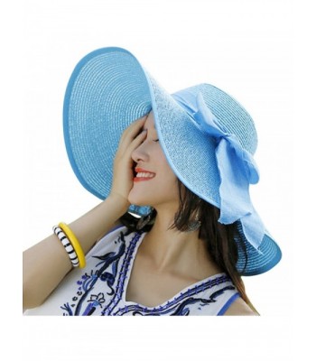 Women Floppy Hat Big Bowknot Straw Hat Wide Brim Beach Hat Sun Hat - Sky Blue - CL17YDYDLGU