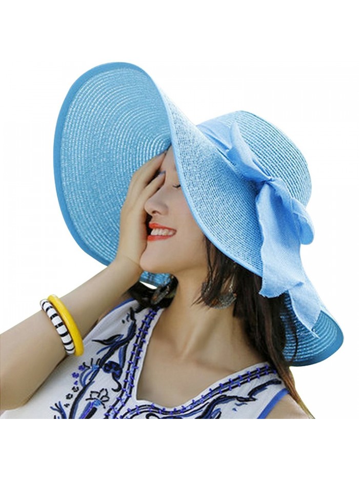 Women Floppy Hat Big Bowknot Straw Hat Wide Brim Beach Hat Sun Hat - Sky Blue - CL17YDYDLGU