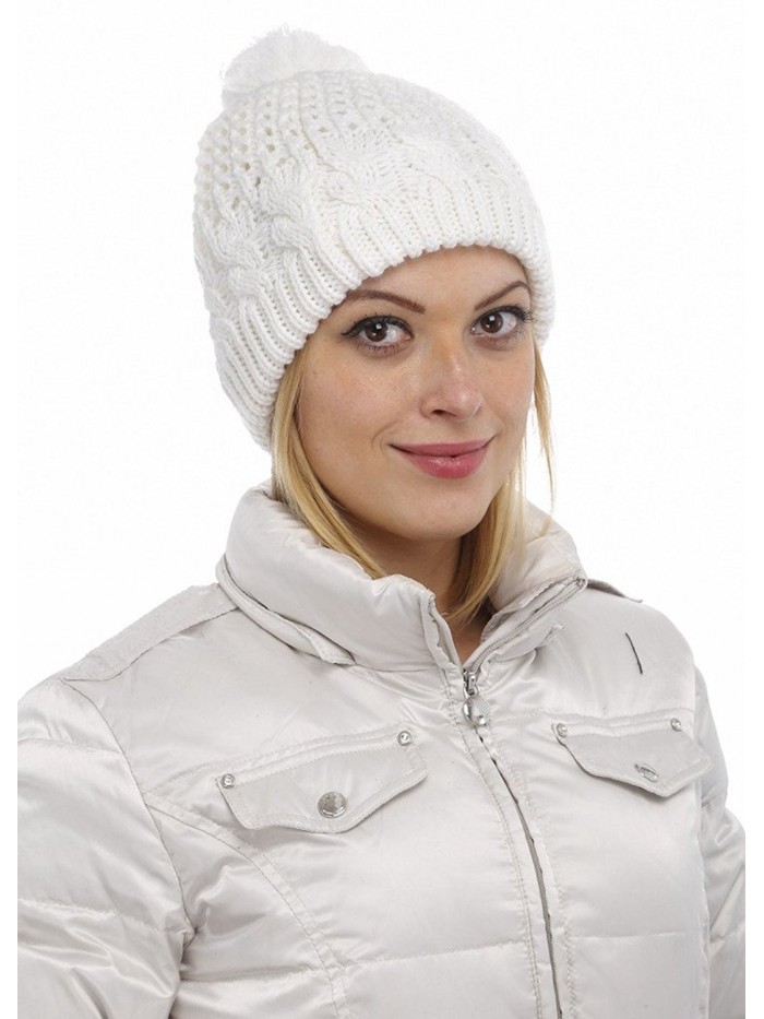 Women Warm Winter Thick Slouchy Knit Hat With Pom Pom - White - CC124I3SXXH