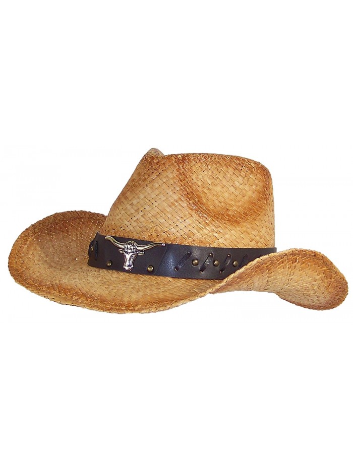 Stone Age Adult Straw Cowboy Hat W/Band W/Large Metal Longhorn (One Size) - C812EP5568X