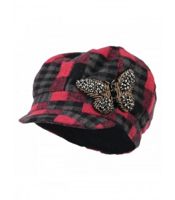 Plaid Newsboy Cap with Beaded Butterfly - Coral - CD11ONYQVJF