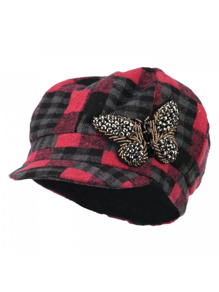 Plaid Newsboy Cap with Beaded Butterfly - Coral - CD11ONYQVJF