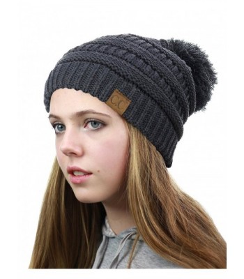 NYFASHION101 Unisex Multicolor Warm Cable Knit Slouch Pom Pom Beanie Cap - Black/Charcoal Gray - CI12JSWF093