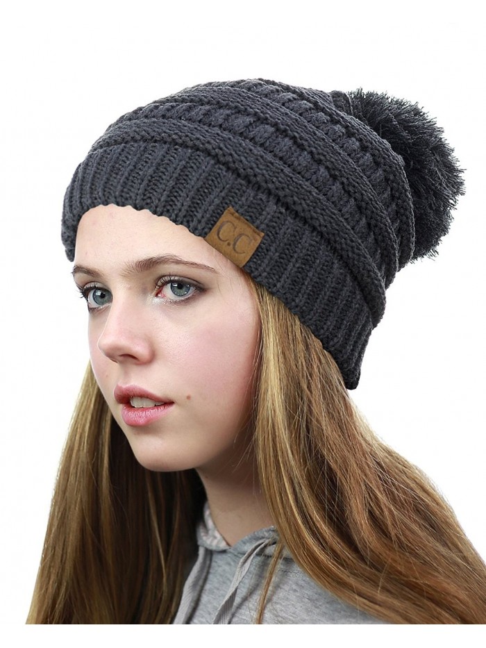 Unisex Multicolor Warm Cable Knit Slouch Pom Pom Beanie Cap - Black ...