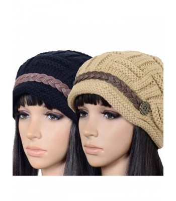 Women Slouchy Cabled Knit Winter Beanie Crochet Hat Newsboy Skull Cap - Black+khaki - CN12N609TIC