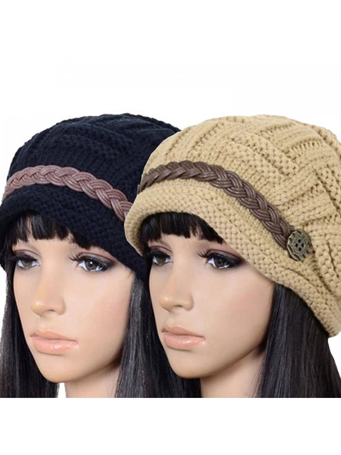 Women Slouchy Cabled Knit Winter Beanie Crochet Hat Newsboy Skull Cap - Black+khaki - CN12N609TIC