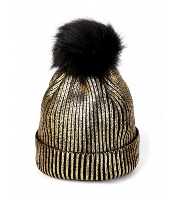 FADA Warm Chunky Soft Cable Knit Slouchy Beanie Pom Pom Skull Hats Shinny Punk Caps - golden - CL188MUH5L0