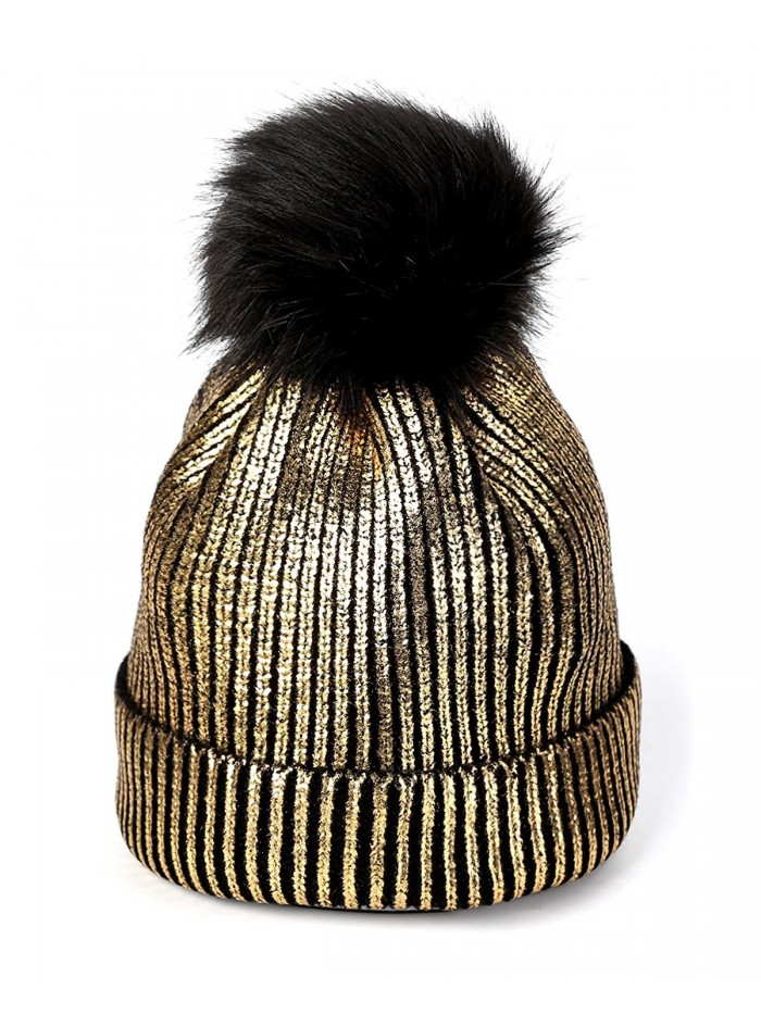 FADA Warm Chunky Soft Cable Knit Slouchy Beanie Pom Pom Skull Hats Shinny Punk Caps - golden - CL188MUH5L0