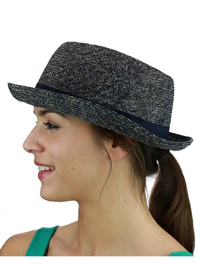 C.C Unisex Solid Color Band Multicolored Weaved Upturn Brim Pork Pie Hat - Navy Mix - CS17YSNT2X9