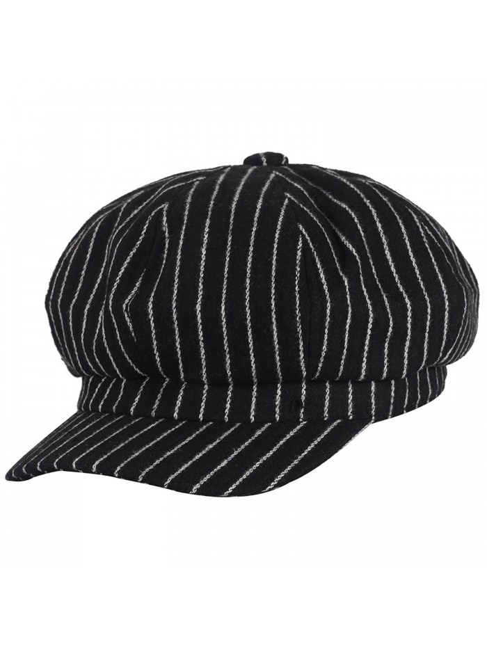 Men's Women's Stripe Wool Blend Newsboy Hat 8 Panel Cabbie Beret Visor Bill Hat - Black - CI189IWS5T4