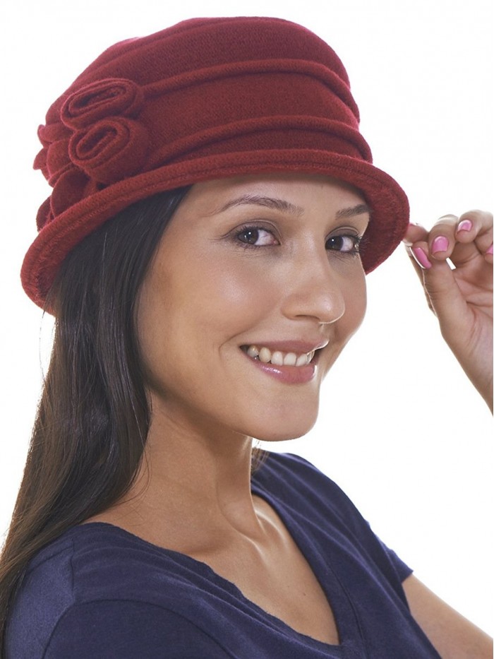 Retreez Women Vintage Wool Cloche Bucket Winter Hat with Duo Roses Floral - Dark Red - CZ11QHPEQUT