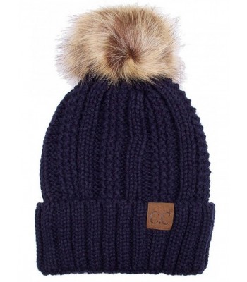 ScarvesMe Exclusive CC Knitted Hat with Fuzzy Lining with Pom Pom - Navy - CP12K7GMB6J