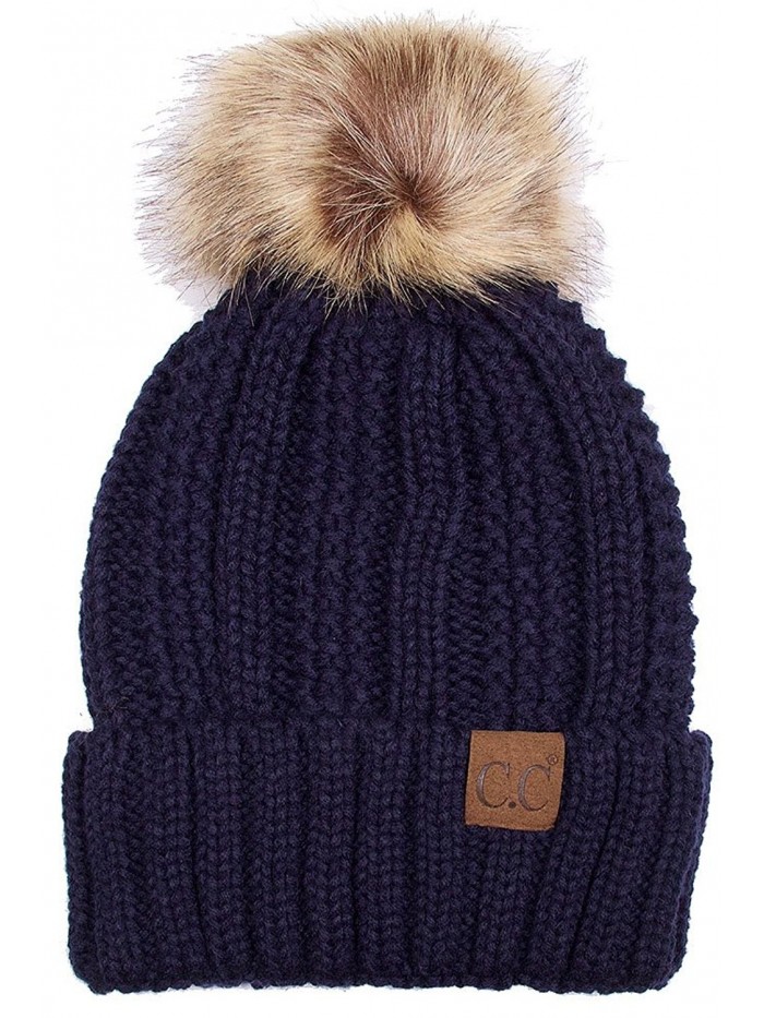 ScarvesMe Exclusive CC Knitted Hat with Fuzzy Lining with Pom Pom - Navy - CP12K7GMB6J