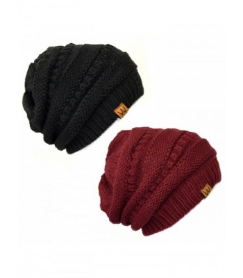 AllyDrew Winter Thick Knit Slouchy Beanie (Set of 2) - Black and Burgundy - CO12KOKJCY7