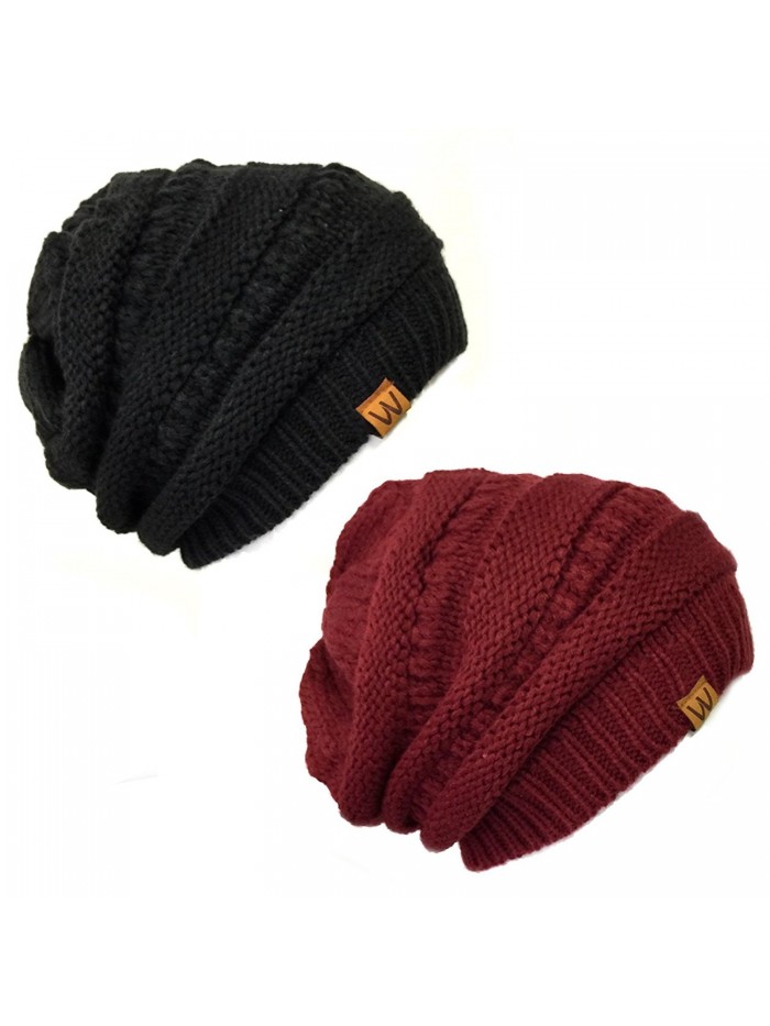 AllyDrew Winter Thick Knit Slouchy Beanie (Set of 2) - Black and Burgundy - CO12KOKJCY7