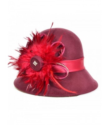 Women Wool Cloche Church Derby Feathers Rhinestone Winter Hat Claret - CG11OHKAMIP