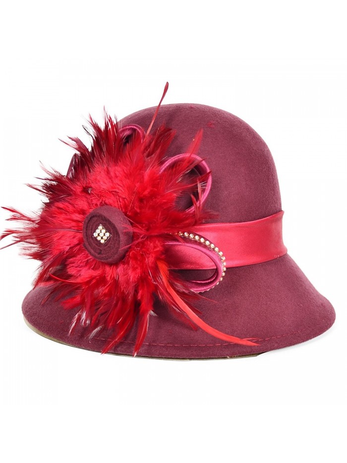 Women Wool Cloche Church Derby Feathers Rhinestone Winter Hat Claret - CG11OHKAMIP