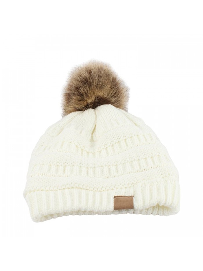 Academyus Fashion Women Faux Fur Pom Pom Beanie Cap Winter Outdoor Warm Woolen Yard Hat - White - CJ187LYZ6U9