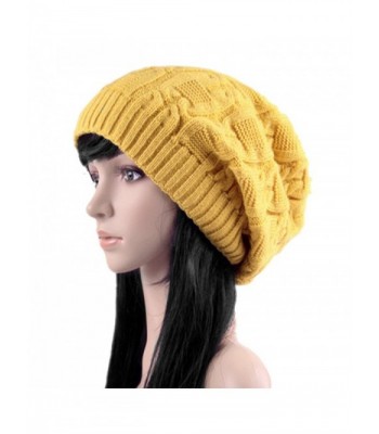 Women's Winter Knit Chunky Ribbed Slouch Pull Back Skull Slouchy Beanie Hat - Yellow - CW12NRSA394