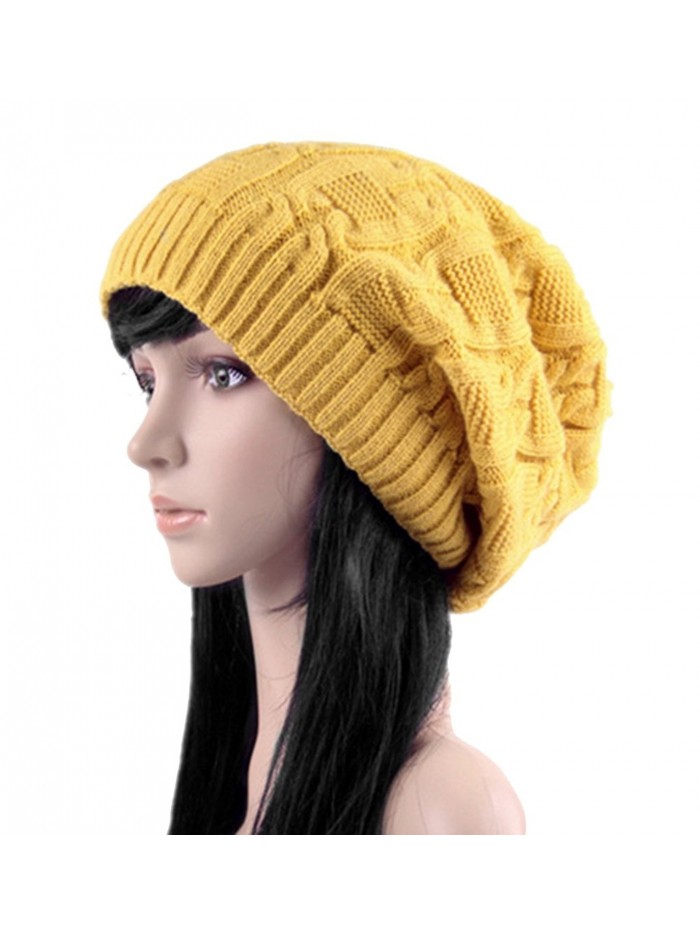 Women's Winter Knit Chunky Ribbed Slouch Pull Back Skull Slouchy Beanie Hat - Yellow - CW12NRSA394