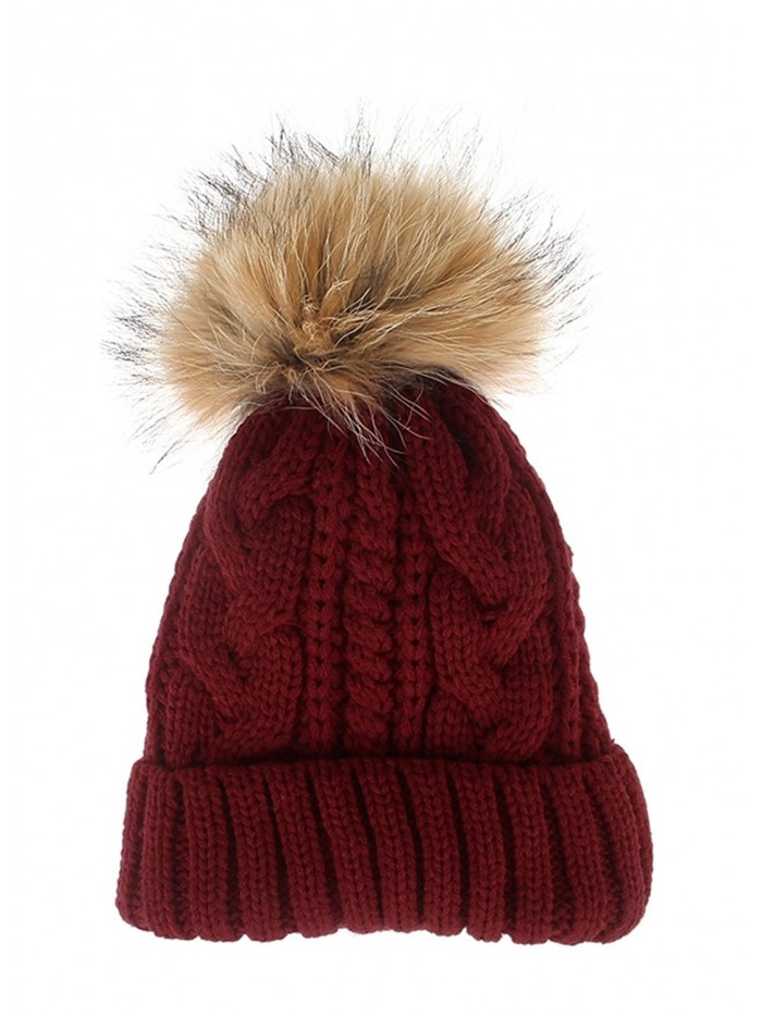 La Vogue Women's Thick Cable Knit Beanie Hat with Soft Faux Fur Pom Pom - Red - CA12MZAEMHR