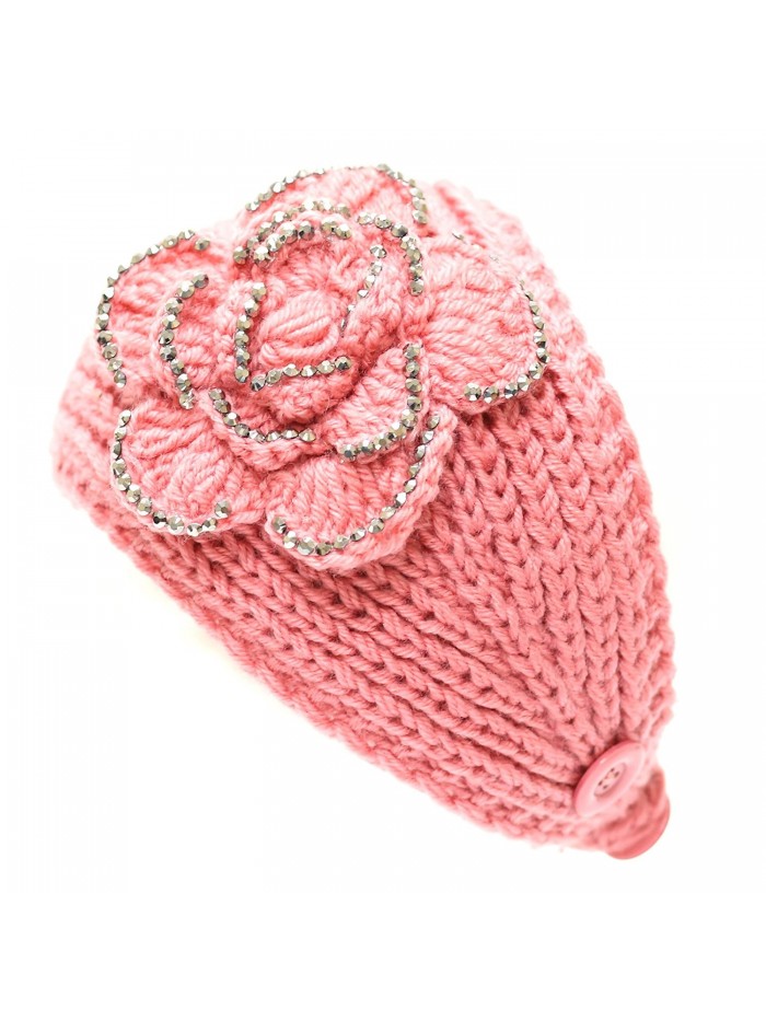 The Hat Depot 700hb-47a Hand Knit Crocheted Headband with Stone Flower Decoration-9colors - Pink - CJ129JJOHNZ