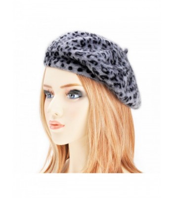 Womens Rabbit Fur French Beret Hat Leopard Print by ZLYC - Gray - CA11PWM6IIB