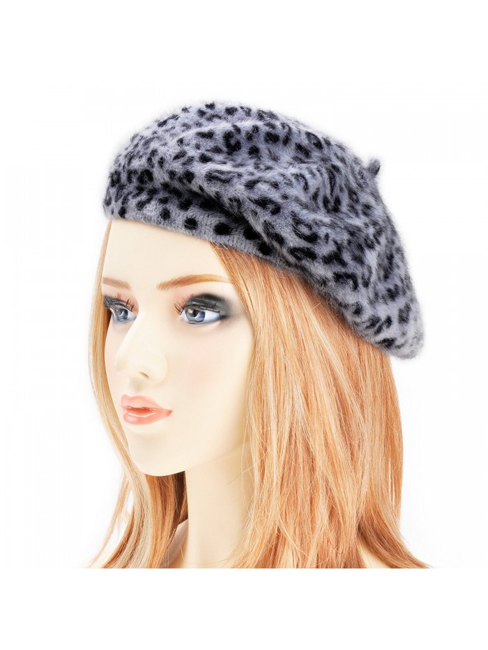 Womens Rabbit Fur French Beret Hat Leopard Print by ZLYC - Gray - CA11PWM6IIB