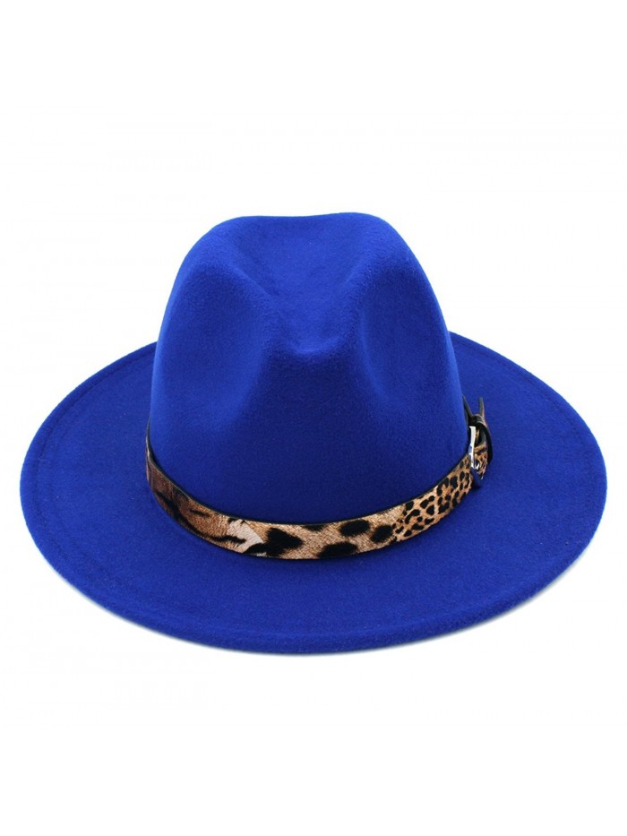 Elee Women's Wool Blend Panama Hats Wide Brim Fedora Trilby Caps Leopard Leather Band - Royal Blue - CR1867CLSIL
