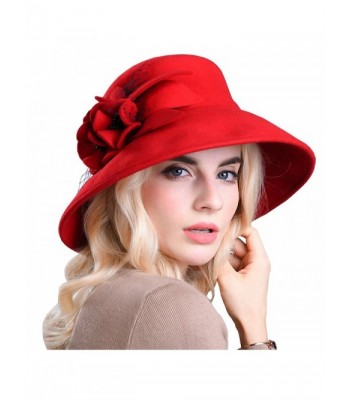 Maitose Women's Wide Brim Wool Felt Bowler Hat - Red - CV12MCI8NM1