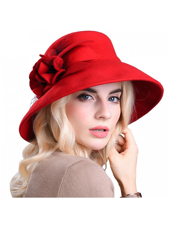 Maitose Women's Wide Brim Wool Felt Bowler Hat - Red - CV12MCI8NM1