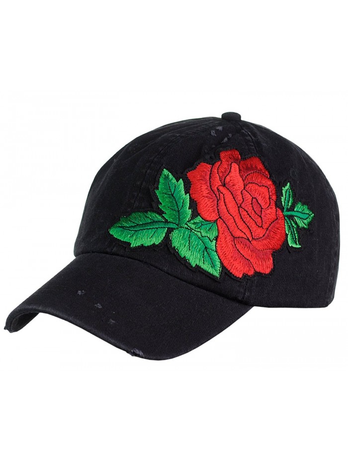 NYFASHION101 Embroidered Rose Flower Patch Adjustable Baseball Cap Hat - Black - CX184HH3CH4