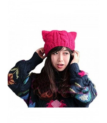 ALLDECOR Handmade Knitted Pussy Cat Ear Beanie Hat For Women's March Winter Warm Cap - Rose Red - CW189H443SK
