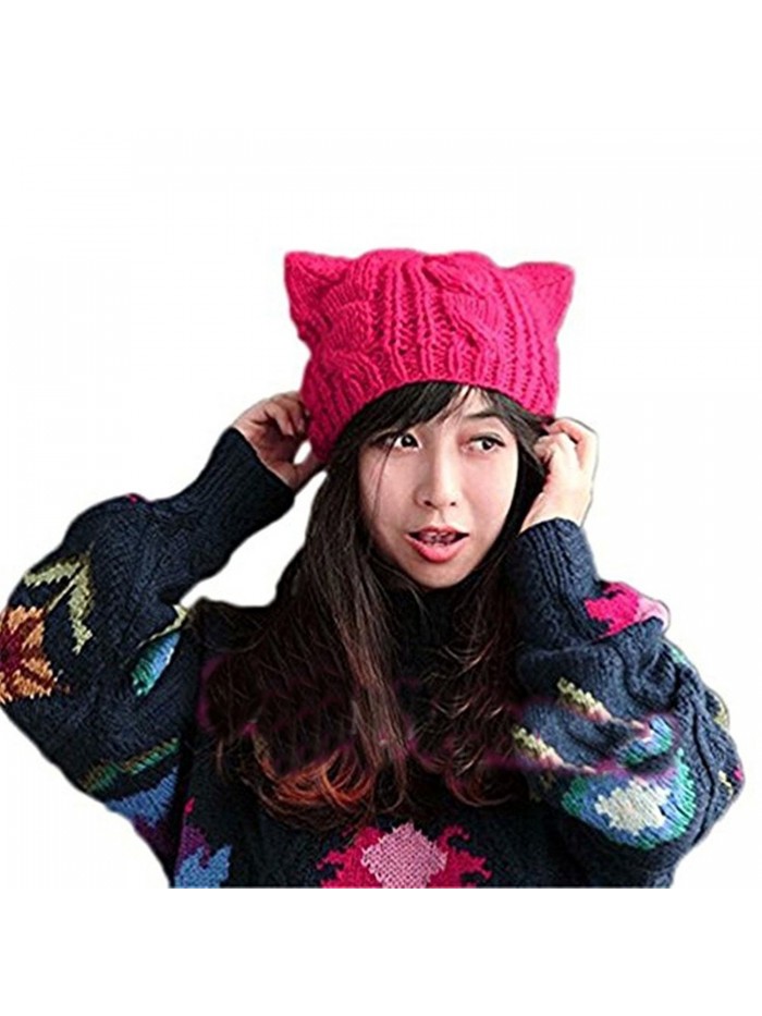 ALLDECOR Handmade Knitted Pussy Cat Ear Beanie Hat For Women's March Winter Warm Cap - Rose Red - CW189H443SK