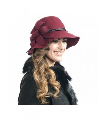 Fanny Lady's Floral Wool Felt Cloche Wide Brim Winter Hat - Claret - C71285W6ZGJ