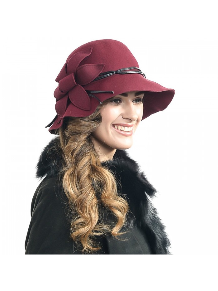 Fanny Lady's Floral Wool Felt Cloche Wide Brim Winter Hat - Claret - C71285W6ZGJ