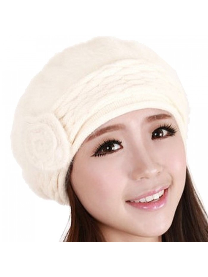 Women Winter Warm Soft Beanie Protective Ear Angora Knit Beret Hat Cap White - CH129B448PF