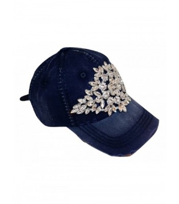 Olive & Pique Women's Large Horizontal Crystal Flower Distressed Baseball Cap - Navy - CP17Y0AWDIQ