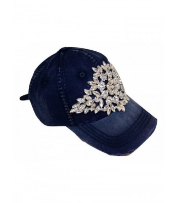 Olive & Pique Women's Large Horizontal Crystal Flower Distressed Baseball Cap - Navy - CP17Y0AWDIQ