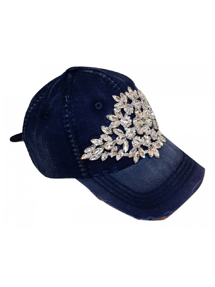 Olive & Pique Women's Large Horizontal Crystal Flower Distressed Baseball Cap - Navy - CP17Y0AWDIQ