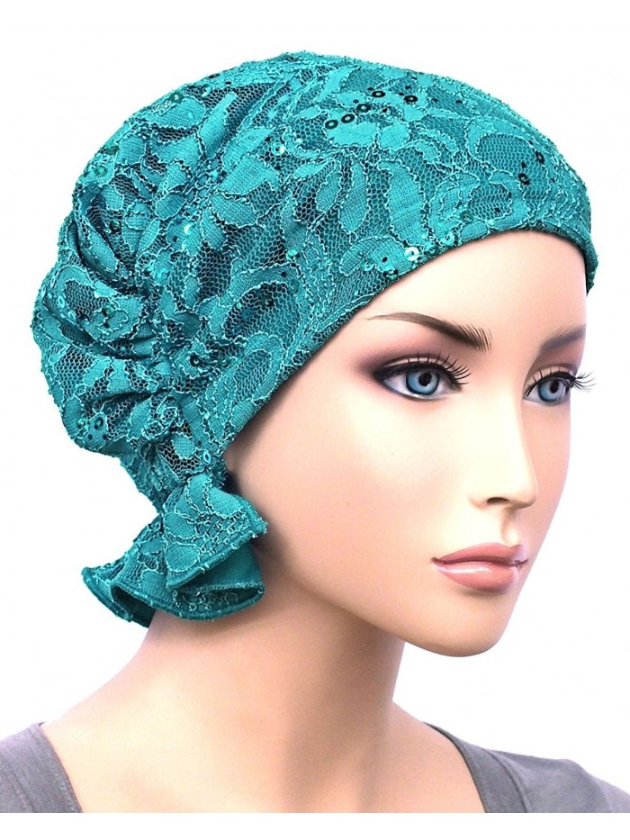 Turban Plus Abbey Cap closeouts Chemo Caps Cancer Hats For Women - 12- Lace Sequin Turquoise (Stretch Lace) - CM11K4HLSWP