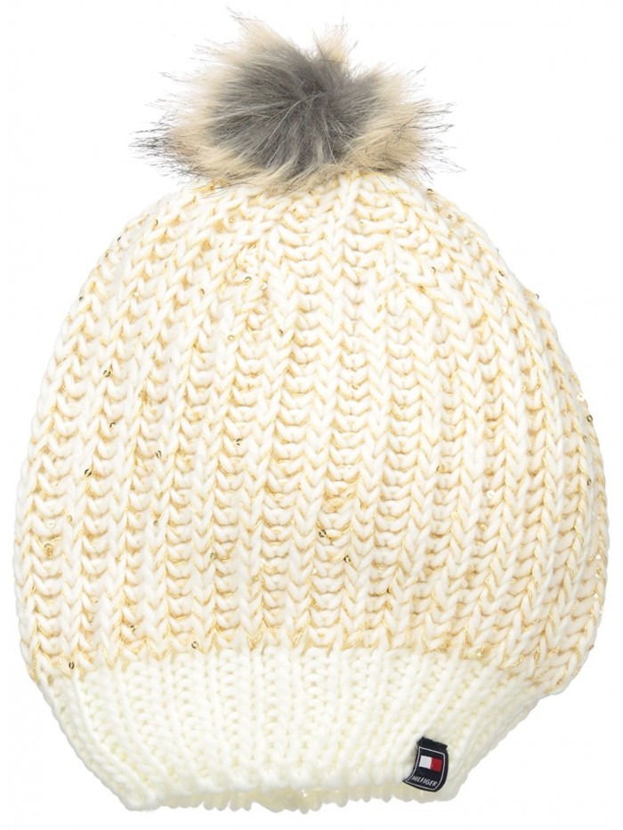 Tommy Hilfiger Women's Chunky Beaded Beanie with Faux Fur Pom - White - CD12F86A4TX