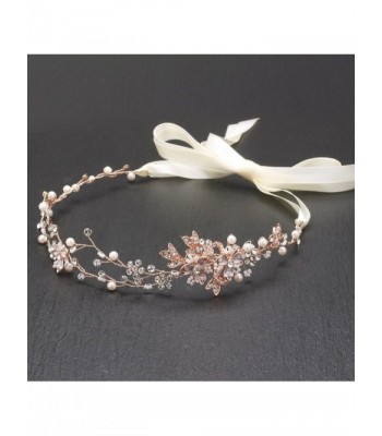 Mariell Rose Gold Freshwater Pearl and Crystal Bridal Ribbon Headband Hair Vine - C012J5BECWD