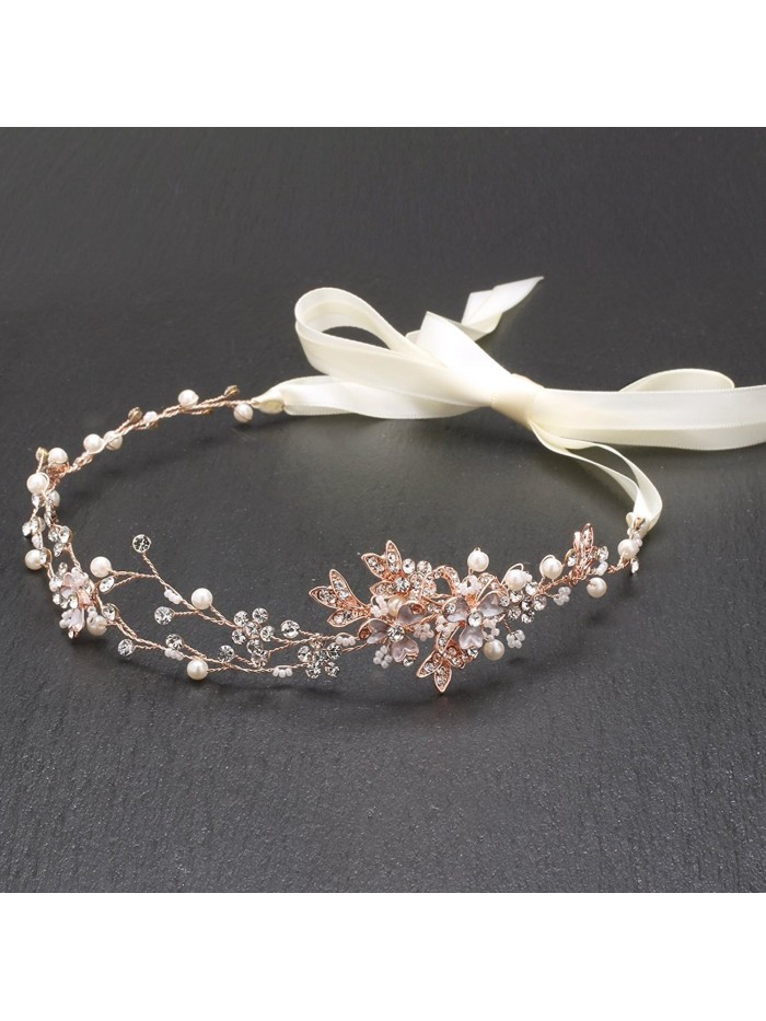 Mariell Rose Gold Freshwater Pearl and Crystal Bridal Ribbon Headband Hair Vine - C012J5BECWD